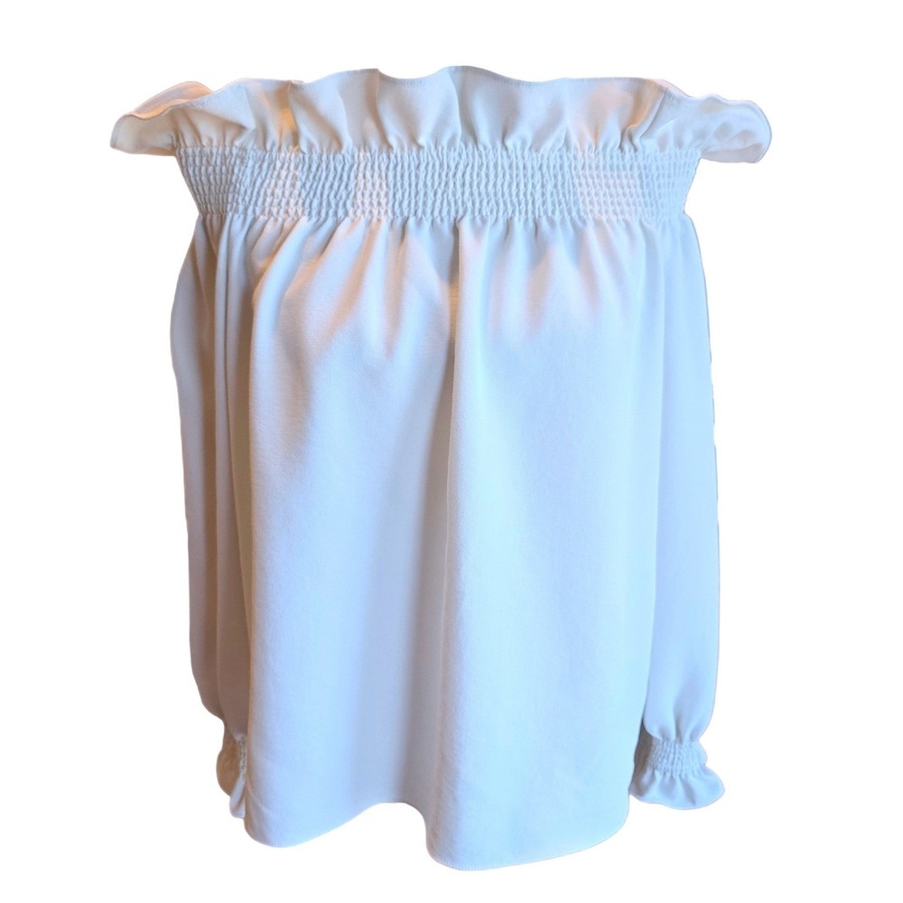 Avon Lane White Off Shoulder Blouse L Smocked Ruffle Boho Peasant Top Polyester